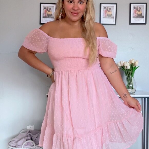 Womens 2025 Dress Short Flutter Sleeve V Neck Swiss Dot Plus Size Fashion Pink - Picture 1 of 13